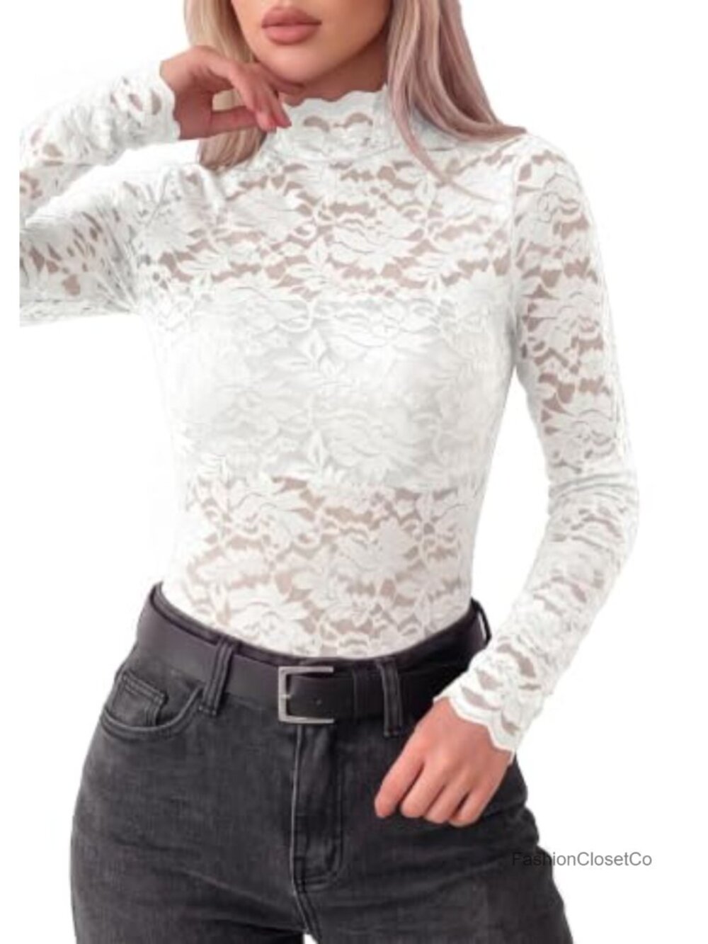 Women's Sheer Mesh Long Sleeve Lace Blouse Floral Scalloped Mock Neck Slim Fit